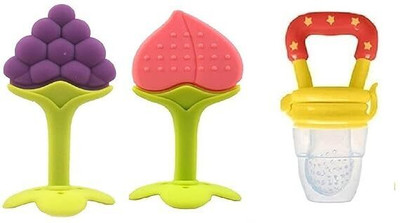 Chicbunny (Combo Saver Pack of 3pcs)SILICONE FRUIT SHAPE TEETHER WITH FRUIT NIBBLER Teether and Feeder(Multicolor)