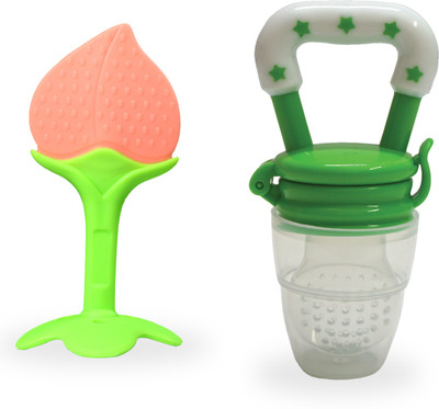 smilykid Silicone BPA Free Natural Organic Nipple Teethers & Nibbler/Feeder-(pack of-2) Teether and Feeder(Peach & Green)