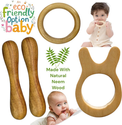 Shreeja Shilpcraft Neem Wood Teethers for Baby Set of 4 | for 3 Months Baby. (Cat Sick Ring) Teether(Brown)