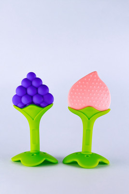Claoberry 2Pack : Fun Fruit Shape Silicone Teethers | BPA-Free for Safe Baby Health Teether(Purple, Pink)