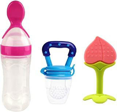 K3NTERPRISES Silicone Fruit Teether & Food Nibbler & Spoon Bottle (Multicolor) (Pack of 3) Teether and Feeder(multi 5)