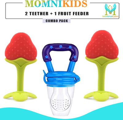 smilykid Combo Pack of 2 Strawberry Fruit Shape Teether and 1 Fruit Feeder ( Multicolor ) Teether and Feeder(Multicolor)