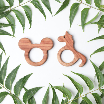 opatoys Neem Wood Teether Set of 2 - Unicorn & Micky Mouse Teether's For Babies Teether(Natural)