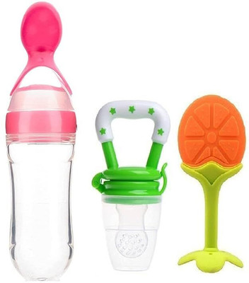 smilykid Combo 3 in1 Set-Feeding Bottle with Spoon, & Teether & Food Nibbler Teether and Feeder(Multicolor)