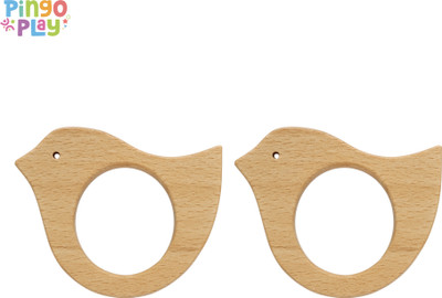 Pingo Play Premium Wooden Bird Teether (Set of 2) | Natural Beech Wood Baby Teething Toy Teether(Beige)
