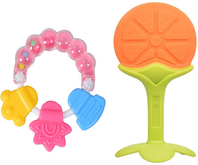 The Cheeky Kidzz Baby Fruit Shape Silicone Teether & Ring Shape Rattle Teething Musical Teether and Feeder(Orange)
