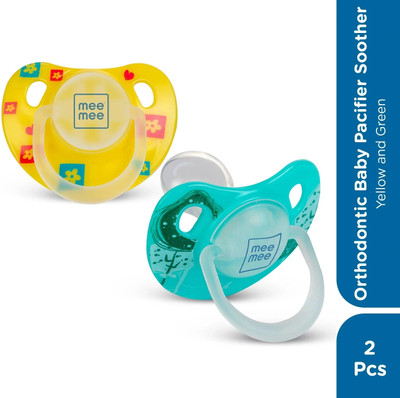 MeeMee Pacifier Soft Silicone Nipple| BPA Free | Oral Stimulatory | Teether - Pack of 2 Soother(Yellow,Green)