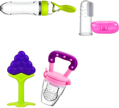 veeransh Silicone Baby Spoon Bottle with rattle fruit nibbler feeder Finger Tooth Brush Feeder(Multicolor)