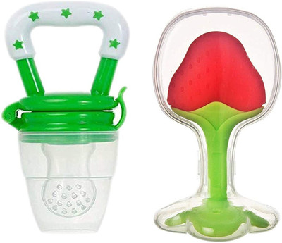 Kidsify Nibbler Soother for Babies Fruit Feeder Kids Nipple Pacifier for Fruit Vegetable and Fruit Shape Silicone Teether (Set of 2) Teether and Feeder(Green)