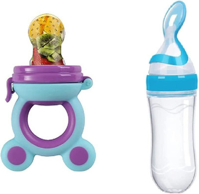 BabyGo Silicone Nibbler for Fruit Mickey with Solid Food with Spoon Feeding Bottle-90ml Teether and Feeder(Multicolor)