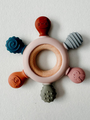 HM EVOTEK Baby 2 in 1 Teething Toy Silicone Neem Wood Teether Chewing Mouthing Sensory Teether(Multicolor)