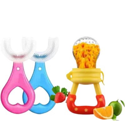 DECRONICS Combo Set of 3 - 2 U Shape Toothbrush & 1 Pc Fruit Feeder/Nibbler for Baby Care Feeder(Pink, Blue, Yellow)