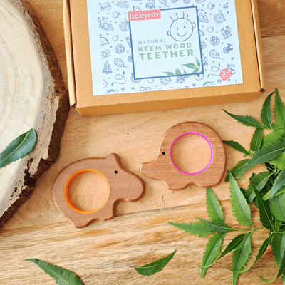 BABYCOV Safe & Natural Neem Wood Teether for Babies (Set of 2) for 3+ Months Babies Teether(Brown)