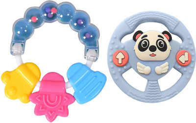 Jingle Kids Baby Silicone Wheel Shape Teething Toy With Ring Musical Rattle Teether BPA Free Teether and Feeder(WHEEL RING)