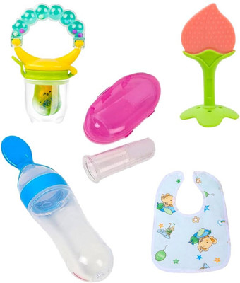 Chicbunny Baby combo of 5pcs, Spoonfeeding with teether, Rattle Nibbler, brush with bib Teether and Feeder(Multicolor)