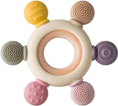 Quvira Baby Silicone & Wood Round Teether Toy for Infants | Soft & Safe Teething Ring Teether(Baby Boys & Baby Girls)
