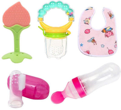 Chicbunny Baby combo of 5pcs, Spoonfeeding with teether, Rattle Nibbler, brush with bib Feeder(Multicolor)