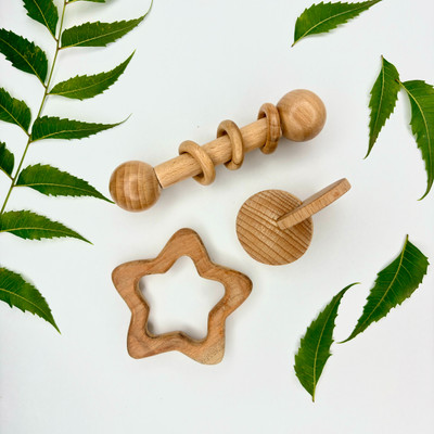 Mother Touch Toys Neem Teethers Pack of three | Dumbell, Star and interlocaking Disc Teether Teether(Brown)
