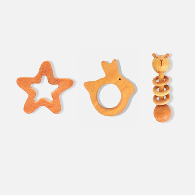 Devendra art and craft Neem Wood Teethers Rattles Combo - Star, Rabbit Teether and Dumbbell Rattle Teether(Brown)