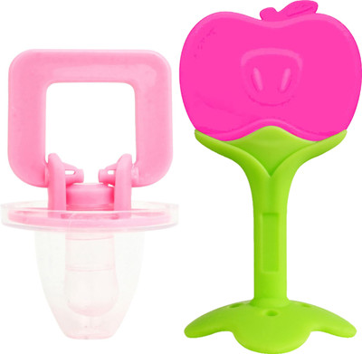 Jingle Kids Baby Soft Silicone Fruit Shape Molar Teether With Soft Silicone Pacifier Teether and Feeder(Apple Pink)