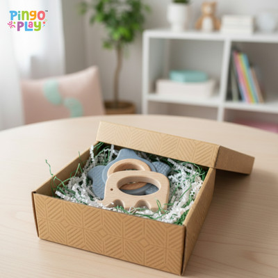 Pingo Play Elephant Silicone & Wooden Teether Set | BPA-Free for 3+ Months Teether(Beige)