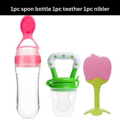 FUSION FLY Silicone Fruit Teether & Food Nibbler & Spoon Bottle (Multicolor) (Pack of 3) Soother(Multicolor)