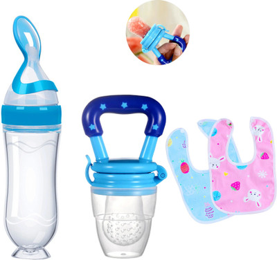 THE LITTLE BUNNY HOP IN STYLE Baby fruit feeder nibbler, spoon bottle and baby bib cloth daily food catcher Teether and Feeder(Multicolor)
