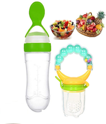 qtypie Baby Silicone Squeeze Spoon Feeder with Fruit Rattle Nibbler Feeder(Multicolor)