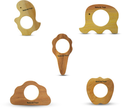 Natural.Toys Neem Wood Teether Set (Dinosaur Teether+Elephant+Rocket+Cloud+Apple Teether) Teether(Natural)