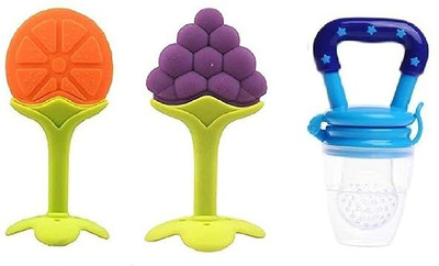 Vadhavan PACK OF 3PCS SILICONE FRUIT SHAPE TEETHER WITH FRUIT NIBBLER Teether and Feeder(Multicolor)