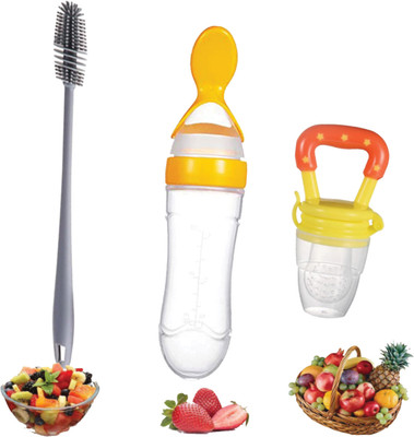 Wagwanfly Spoon and Food Feeder Theether with Cleaning Brush Teether and Feeder(Yellow)
