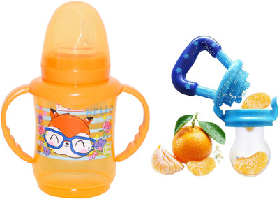 TINNY TOTS Baby Feeding Silicone Spout 250ml With Fruit Food Vegetable Nibbler Teether and Feeder(ORANGE 250ML)