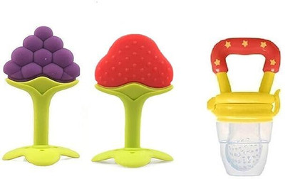 Wuxxa (Combo Saver Pack of 3)SILICONE FRUIT SHAPE TEETHER WITH FRUIT NIBBLER Teether and Feeder(Multicolor)