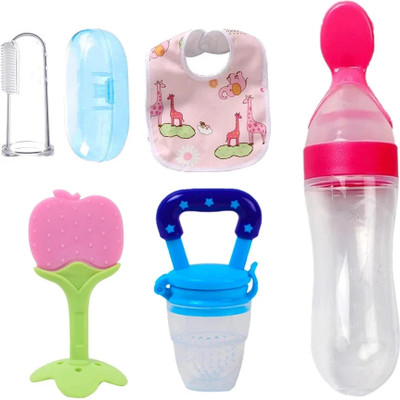 THEELEVEN Baby Spoon feeder with teether, Nibbler, Finger brush & bib/Appron for care Teether and Feeder(Multicolor)