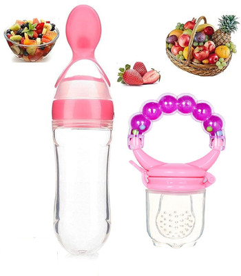 SuperDaze Rattle Massaging Silicone Fruit Nibbler & 90ML Newborn Baby Feeding Bottle Feeder(Multicolor)