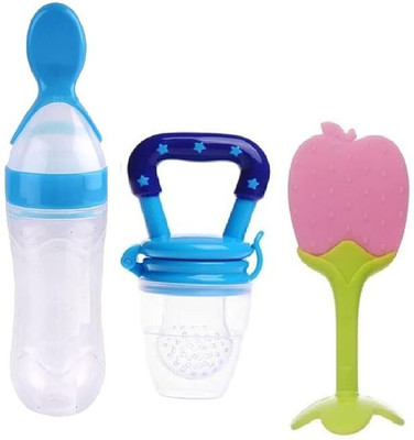 qtypie fruit feeder & spoon feeding milk bottle & fruit shape teether comb of 3 Teether and Feeder(Multicolor)