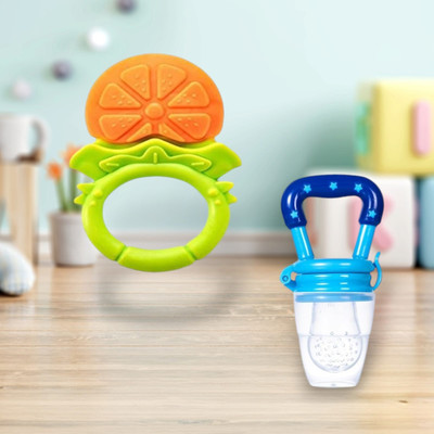Joy Buzz Fruit Teether & Star Nibbler Combo - Pack of 2 (Yellow & Blue) Teether and Feeder(Multicolor 12)