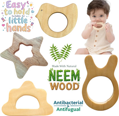 Shreeja Shilpcraft Made with Natural Neem Wood Combo pack of 4 shapes Teether and Feeder(Beize)