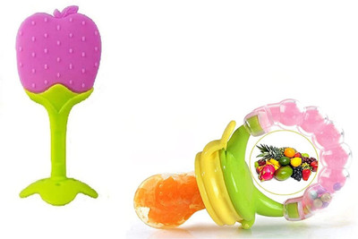 smilykid Organic Baby Silicone Nibbler Food Nibbler for Fruits with Rattle Handl Teether and Feeder(Multicolor)