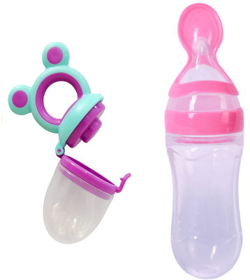 smilykid Baby Squeeze Infant Silicone Food Spoon Bottle & Baby Fruit Nibbler Teether Teether and Feeder(PINK-EAR)