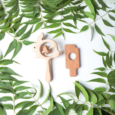 opatoys Wooden Neem Teether & Rattle Combo- Rabbit Rattle & Ice Cream Teether For Babies Teether(Natural)