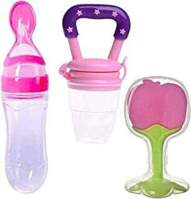 K3NTERPRISES Silicone Fruit Teether & Food Nibbler & Spoon Bottle (Multicolor) (Pack of 3) Teether and Feeder(Multicolor)