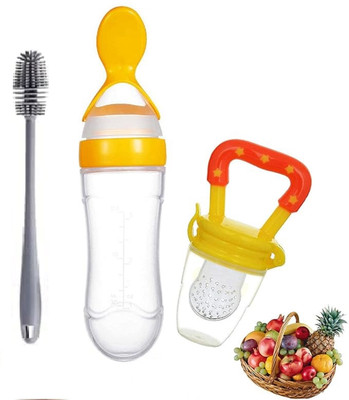 Vadhavan (Set of 3) 90ML Baby Feeding Bottle Squeeze Spoon Food Feeder & Cleaning Brush Teether and Feeder(Multicolor)