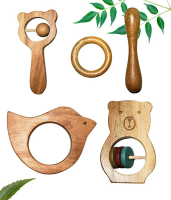 Subhaashi Baby Teether combo - Dumbbell + Bird Teether + Ring + Bear + Bear Handel Rattle Teether(Natura wood)