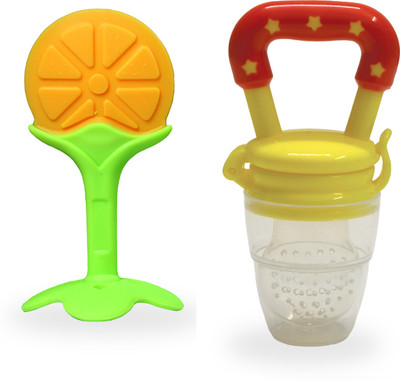 CRAWLLY Silicone BPA Free Natural Organic Nipple Teethers & Nibbler/Feeder-(pack of-2) Teether and Feeder(Orange & Yellow)