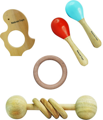 Natural.Toys Wooden Teether Combo 5 Pc-2 Maracus, 2 Teether, 1 Dumble and a Ring Teether(Multicolor)
