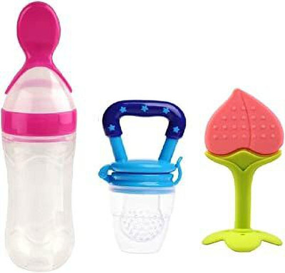 Kajaree Silicone Fruit Teether & Food Nibbler & Spoon Bottle (Multicolor) (Pack of 3) Teether and Feeder(multi 5)