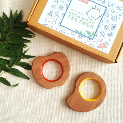 Craftpur Safe & Natural Neem Wood Teether for Babies (Set of 4) for 3+ Months Babies Teether(Brown)