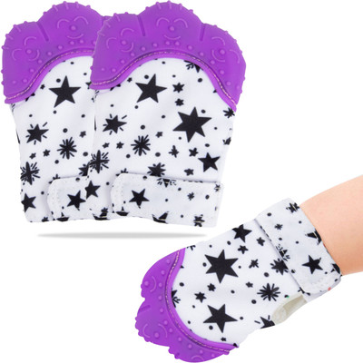 KRAPTICK Teething Mitten, Soft Silicone for Baby 3-12 Months (Star Purple, Pack of 2) Teether(Multicolor)