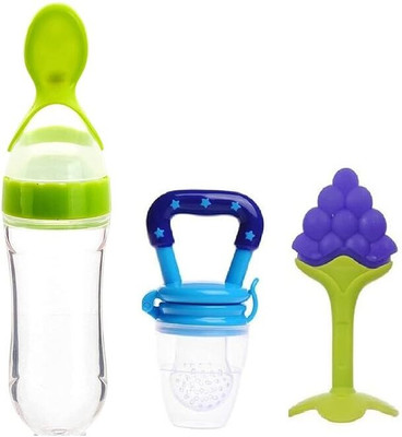 qtypie 3 in1 Combo Set-Feeding Bottle with Spoon, & Teether & Food Nibbler Teether and Feeder(Multicolor)
